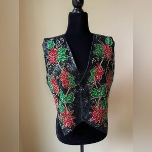 Bali Designs Hand Made In Bali Button Vest Floral Flowers Christmas Size S Black
